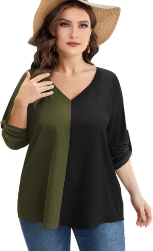 AMCLOS Womens Tops Plus Size Tunic V Neck Casual T-Shirts Flowy Color Block Contrast Blouses 3/4 Knotted Sleeve