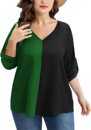 AMCLOS Womens Tops Plus Size Tunic V Neck Casual T-Shirts Flowy Color Block Contrast Blouses 3/4 Knotted Sleeve