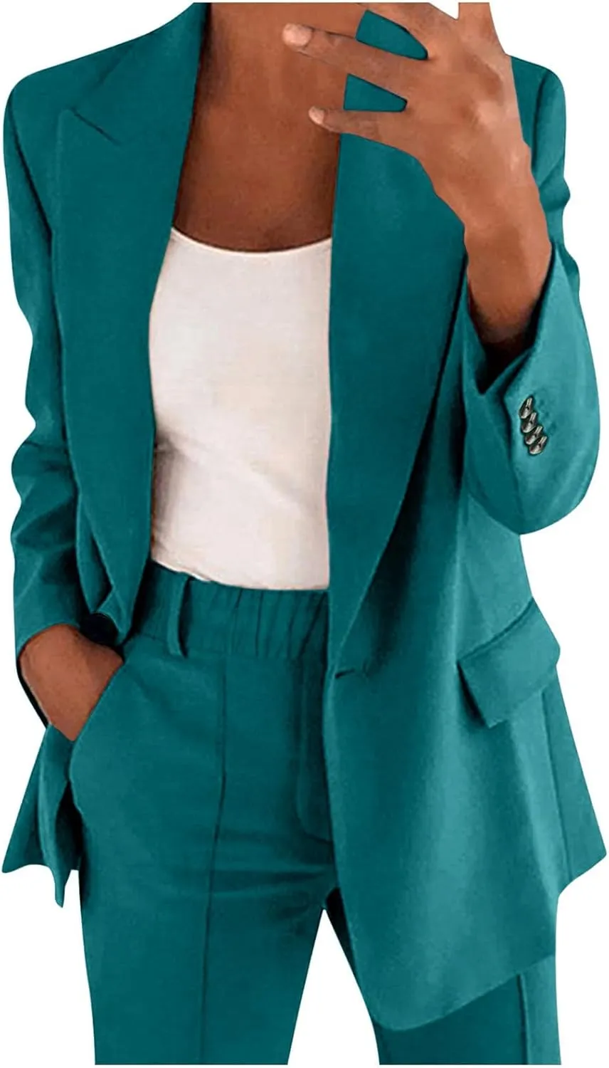Aniywn Blazer Sets Women 2 Piece Outfits Dressy Business Work Jacket Outfits Casual Pant Suits Plus Size Wide Pants Suit Set