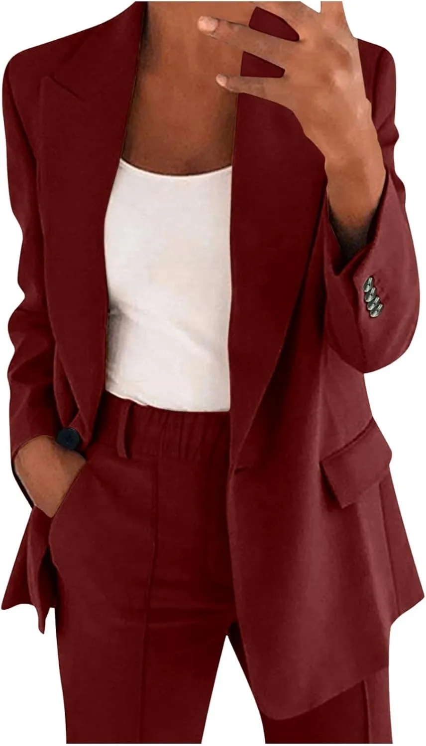 Aniywn Blazer Sets Women 2 Piece Outfits Plus Size Women Business Casual Sets Dressy Blazer Jackets Straight Leg Pants Suits