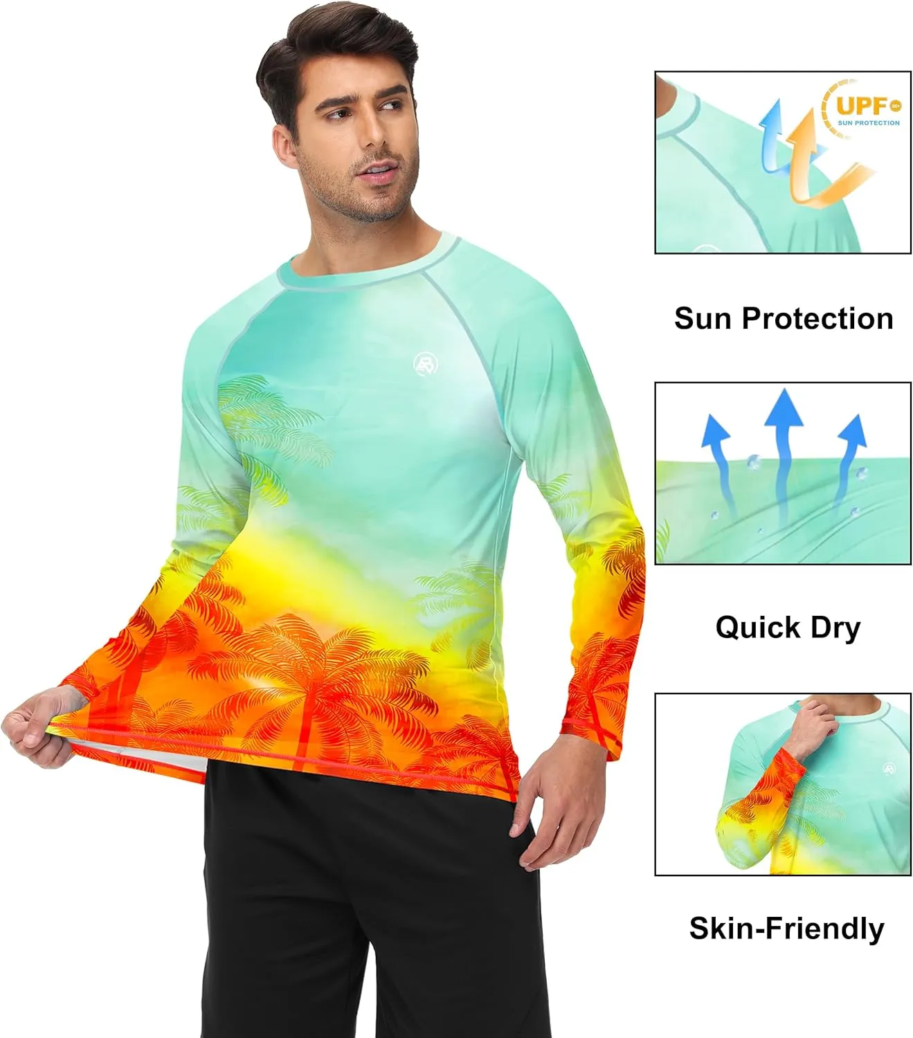AOBUTE Mens Long Sleeve Swim Shirt Quick Dry Sun Protection Rash Guard