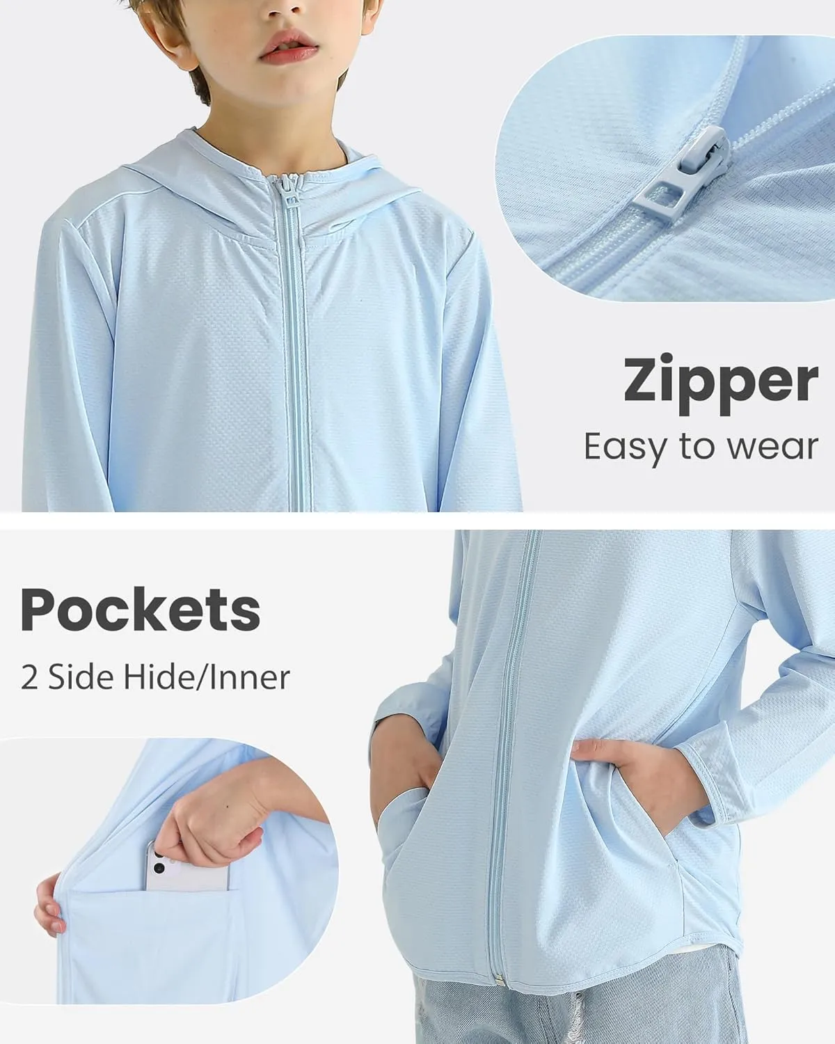 Auranso Kids Zip-Up Hoodie Girls Boys UPF50  Sun Protection Jacket Hooded Cooling Shirt