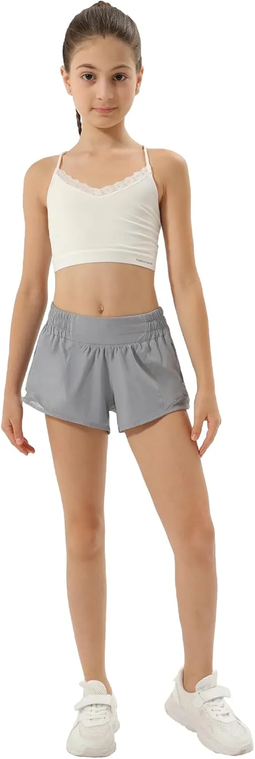Aurefin Girls Athletic Shorts, Lightweight Running Shorts for Teen Girls Kids Sports Active Short with Zip Pocket and Elastic
