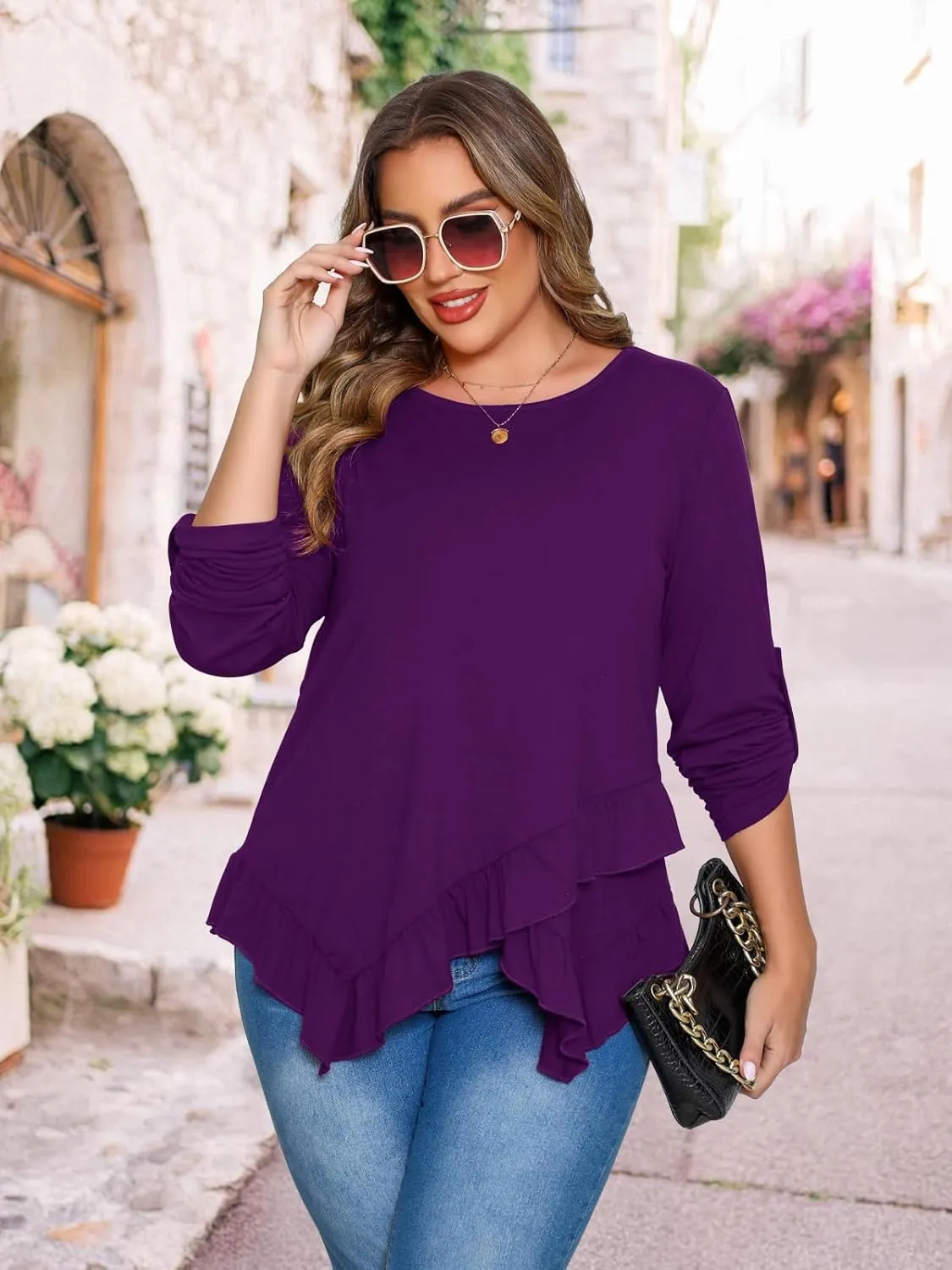 Beauhuty Womens Plus Size Tops Ruffled Hem Tunic Roll Up Sleeves Crew Neck T-Shirts Casual Flowy Dressy Blouses