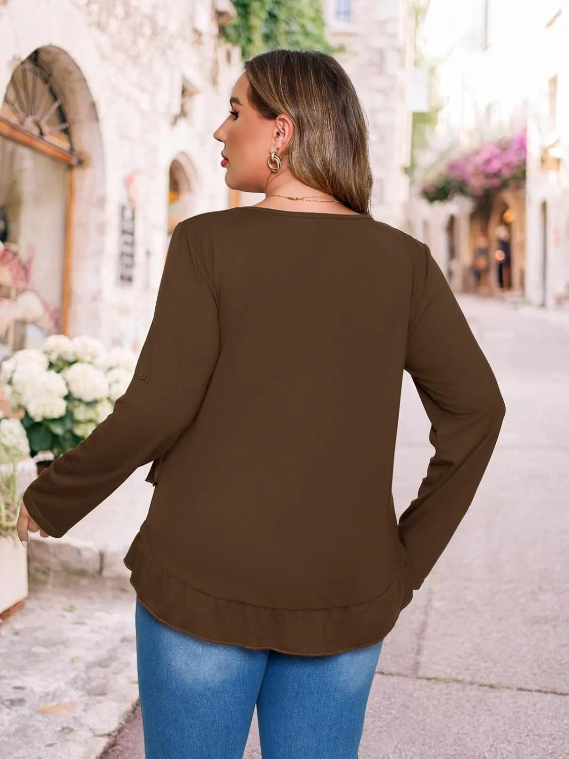 Beauhuty Womens Plus Size Tops Ruffled Hem Tunic Roll Up Sleeves Crew Neck T-Shirts Casual Flowy Dressy Blouses