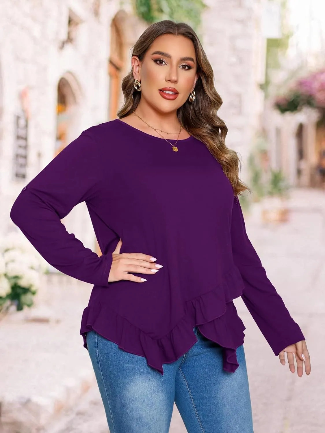Beauhuty Womens Plus Size Tops Ruffled Hem Tunic Roll Up Sleeves Crew Neck T-Shirts Casual Flowy Dressy Blouses