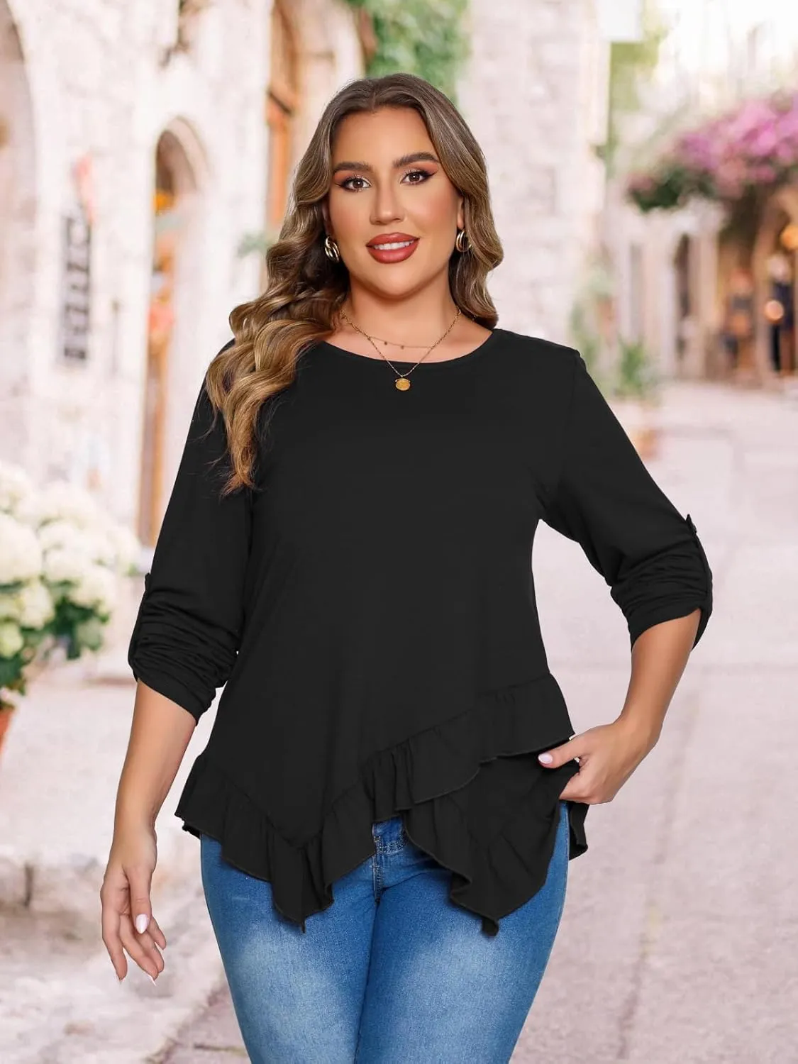 Beauhuty Womens Plus Size Tops Ruffled Hem Tunic Roll Up Sleeves Crew Neck T-Shirts Casual Flowy Dressy Blouses