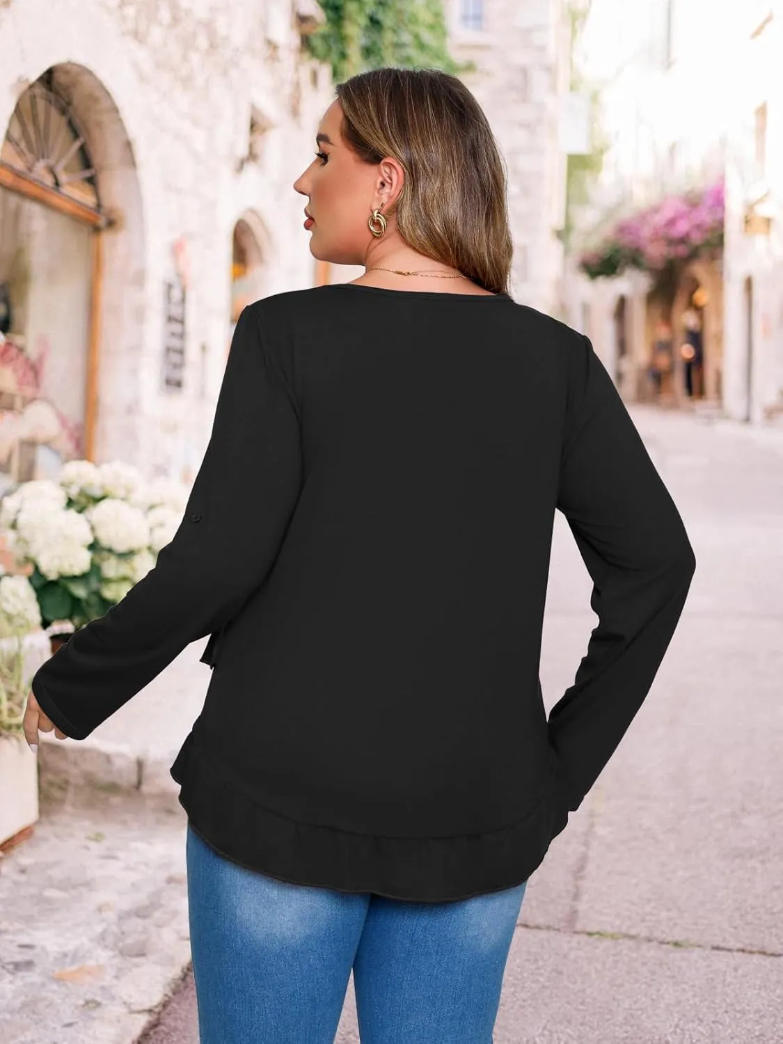 Beauhuty Womens Plus Size Tops Ruffled Hem Tunic Roll Up Sleeves Crew Neck T-Shirts Casual Flowy Dressy Blouses