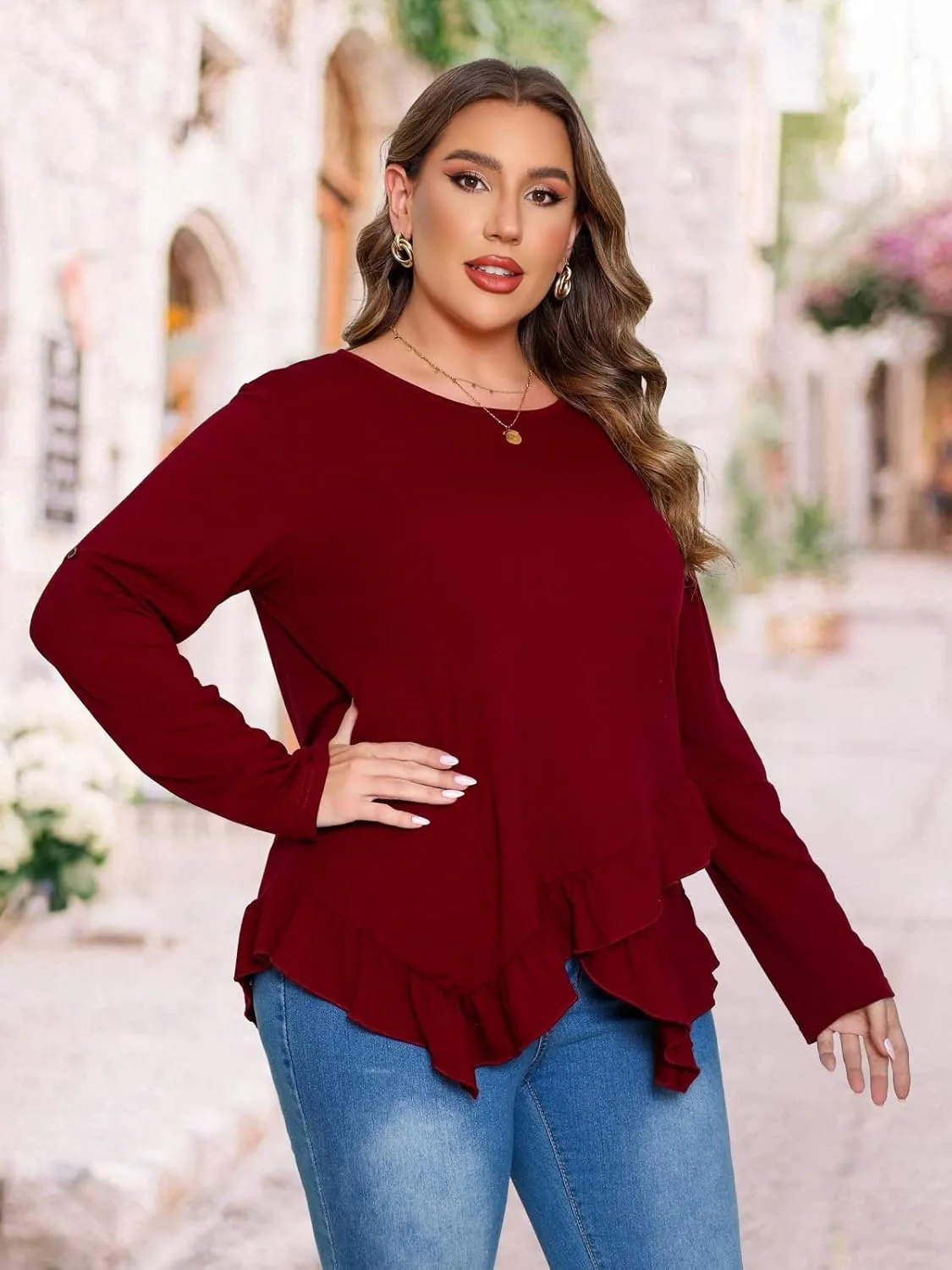 Beauhuty Womens Plus Size Tops Ruffled Hem Tunic Roll Up Sleeves Crew Neck T-Shirts Casual Flowy Dressy Blouses