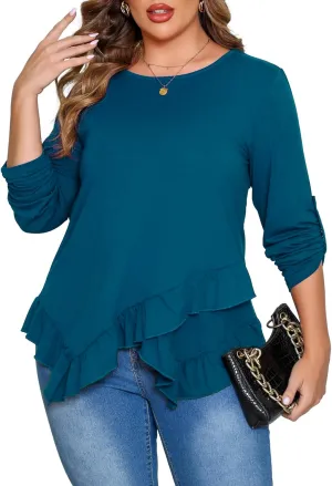 Beauhuty Womens Plus Size Tops Ruffled Hem Tunic Roll Up Sleeves Crew Neck T-Shirts Casual Flowy Dressy Blouses