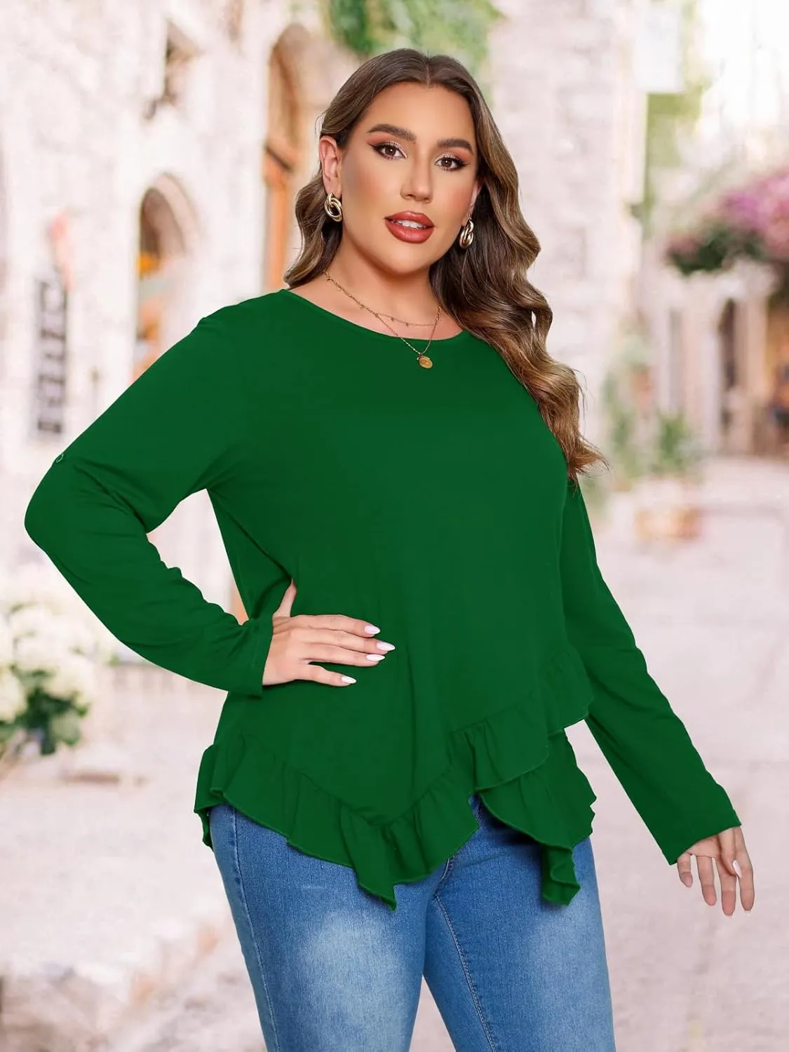 Beauhuty Womens Plus Size Tops Ruffled Hem Tunic Roll Up Sleeves Crew Neck T-Shirts Casual Flowy Dressy Blouses