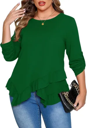 Beauhuty Womens Plus Size Tops Ruffled Hem Tunic Roll Up Sleeves Crew Neck T-Shirts Casual Flowy Dressy Blouses