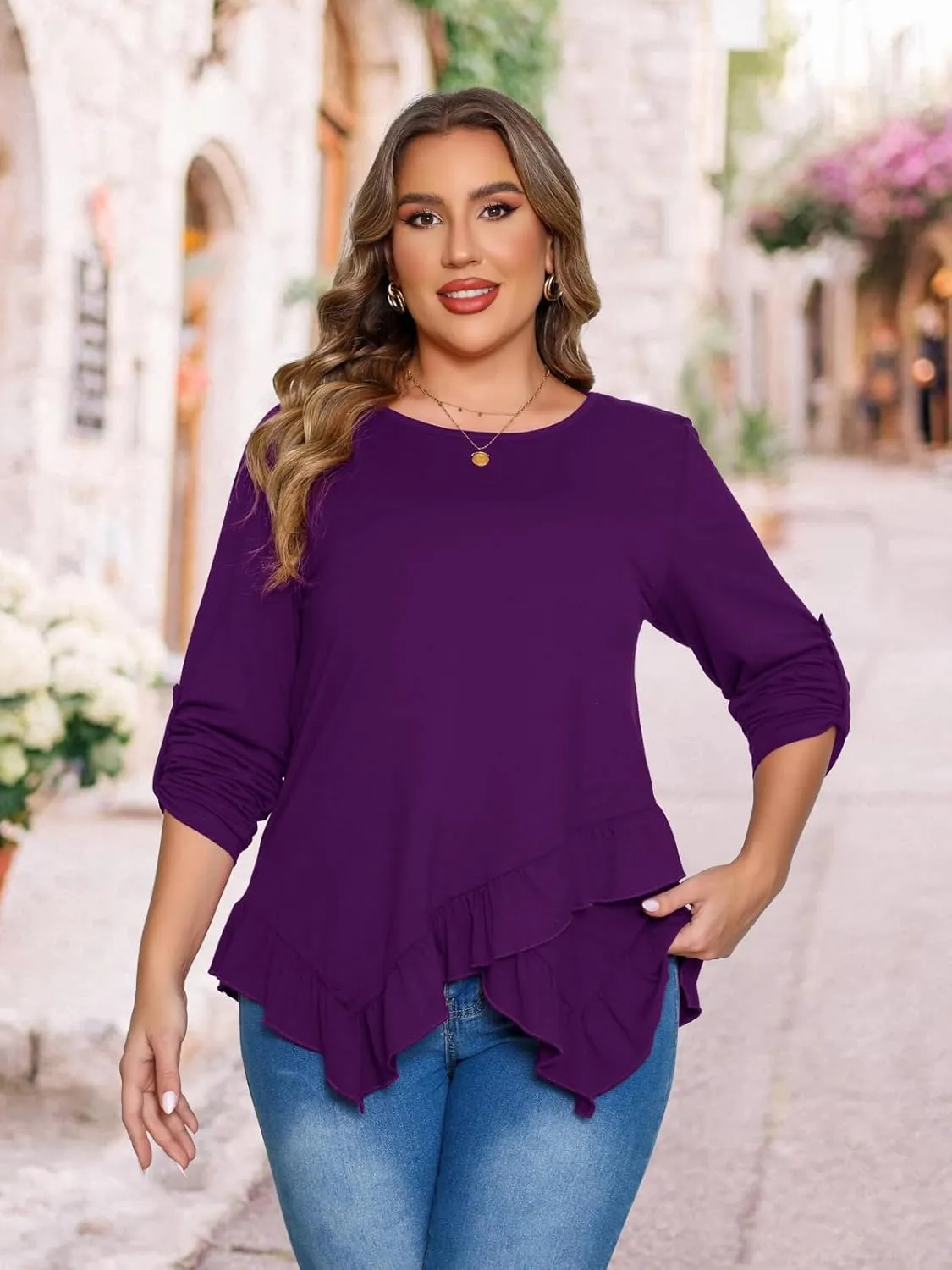 Beauhuty Womens Plus Size Tops Ruffled Hem Tunic Roll Up Sleeves Crew Neck T-Shirts Casual Flowy Dressy Blouses