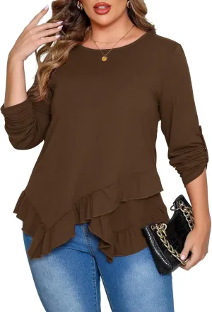 Beauhuty Womens Plus Size Tops Ruffled Hem Tunic Roll Up Sleeves Crew Neck T-Shirts Casual Flowy Dressy Blouses