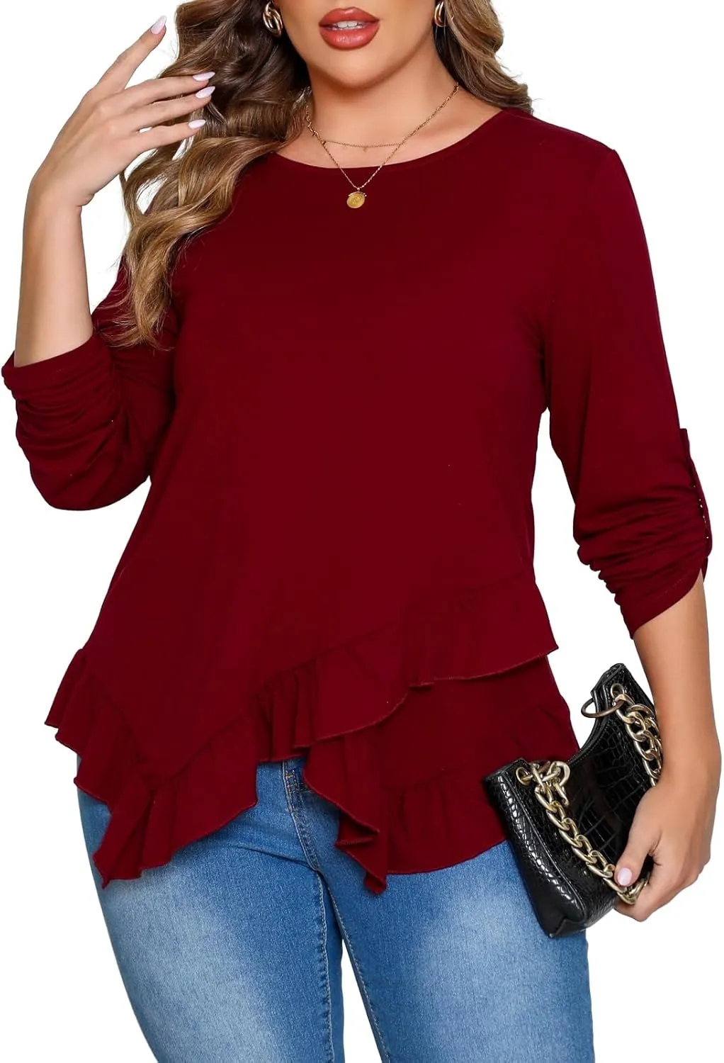 Beauhuty Womens Plus Size Tops Ruffled Hem Tunic Roll Up Sleeves Crew Neck T-Shirts Casual Flowy Dressy Blouses