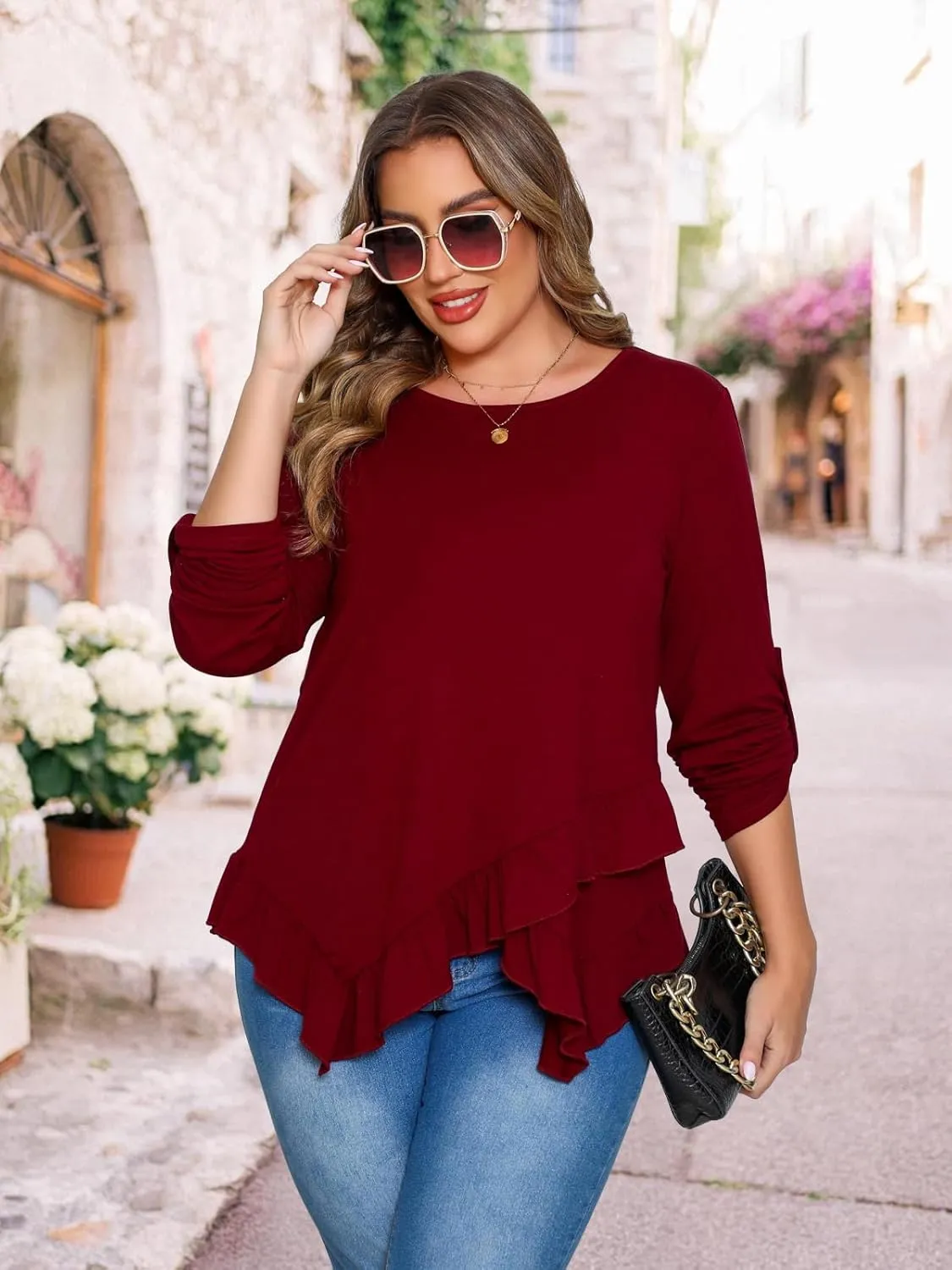 Beauhuty Womens Plus Size Tops Ruffled Hem Tunic Roll Up Sleeves Crew Neck T-Shirts Casual Flowy Dressy Blouses