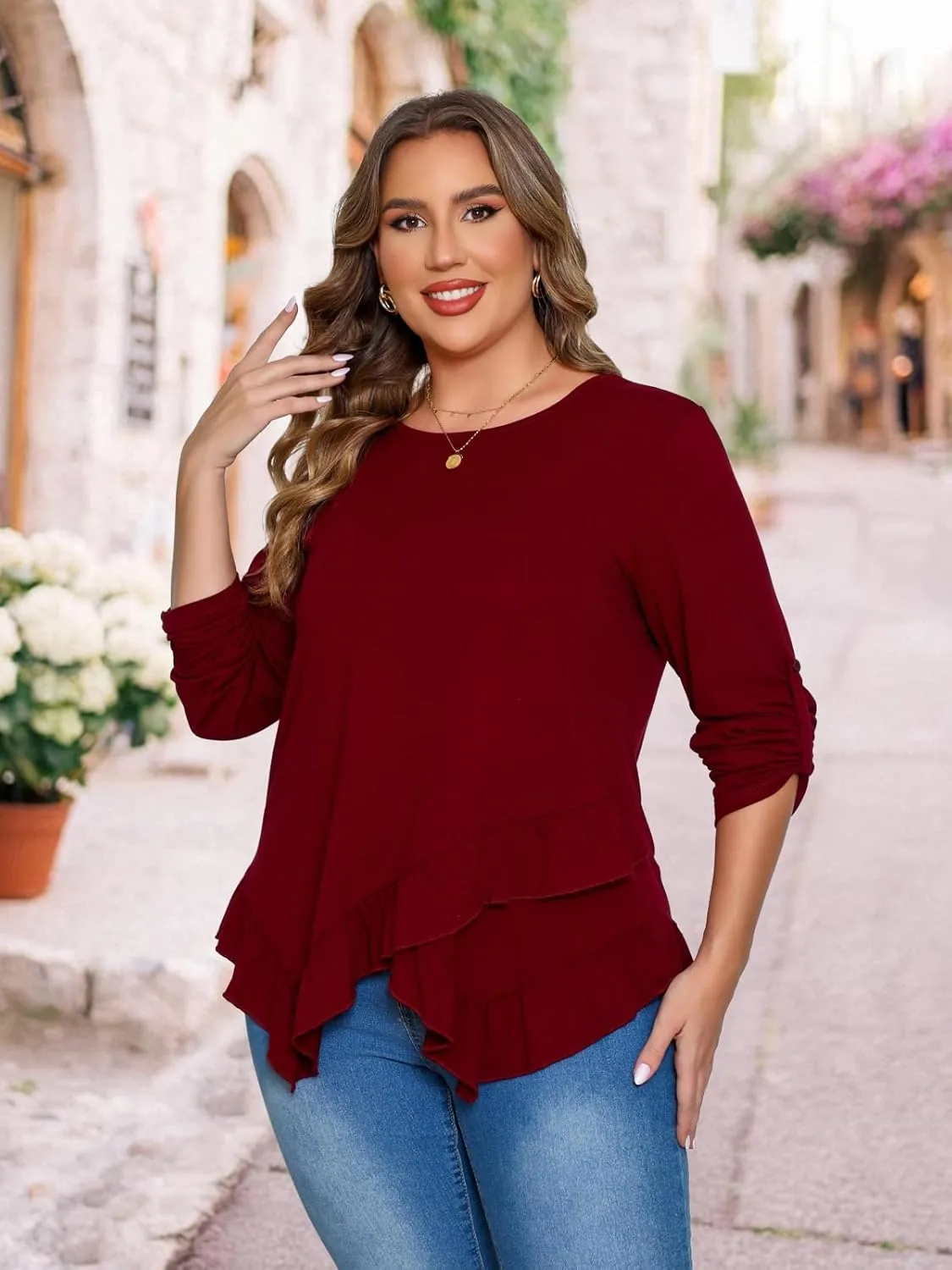 Beauhuty Womens Plus Size Tops Ruffled Hem Tunic Roll Up Sleeves Crew Neck T-Shirts Casual Flowy Dressy Blouses