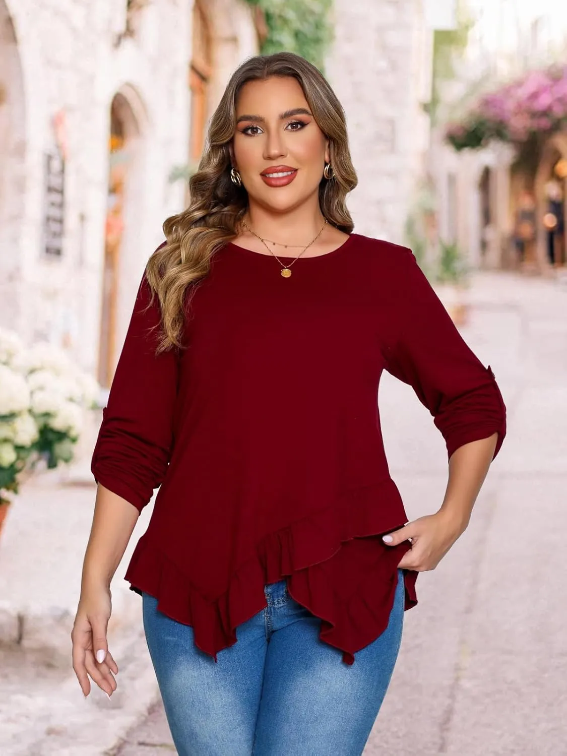 Beauhuty Womens Plus Size Tops Ruffled Hem Tunic Roll Up Sleeves Crew Neck T-Shirts Casual Flowy Dressy Blouses