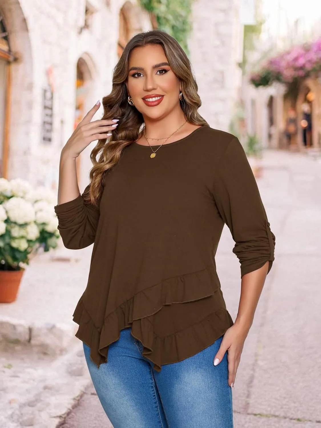 Beauhuty Womens Plus Size Tops Ruffled Hem Tunic Roll Up Sleeves Crew Neck T-Shirts Casual Flowy Dressy Blouses