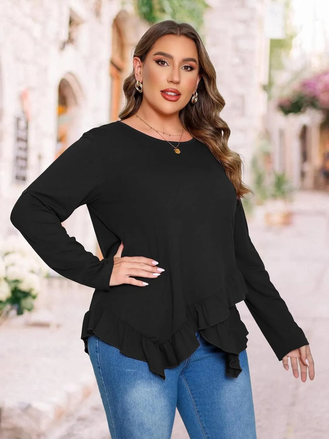 Beauhuty Womens Plus Size Tops Ruffled Hem Tunic Roll Up Sleeves Crew Neck T-Shirts Casual Flowy Dressy Blouses