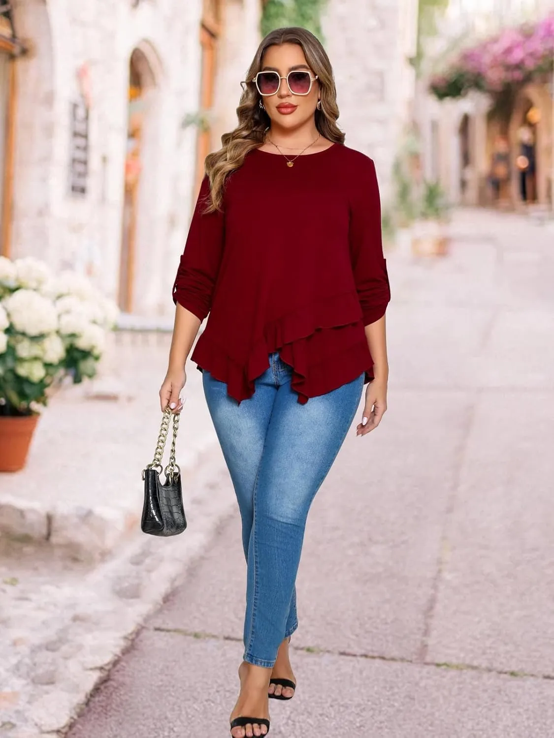 Beauhuty Womens Plus Size Tops Ruffled Hem Tunic Roll Up Sleeves Crew Neck T-Shirts Casual Flowy Dressy Blouses