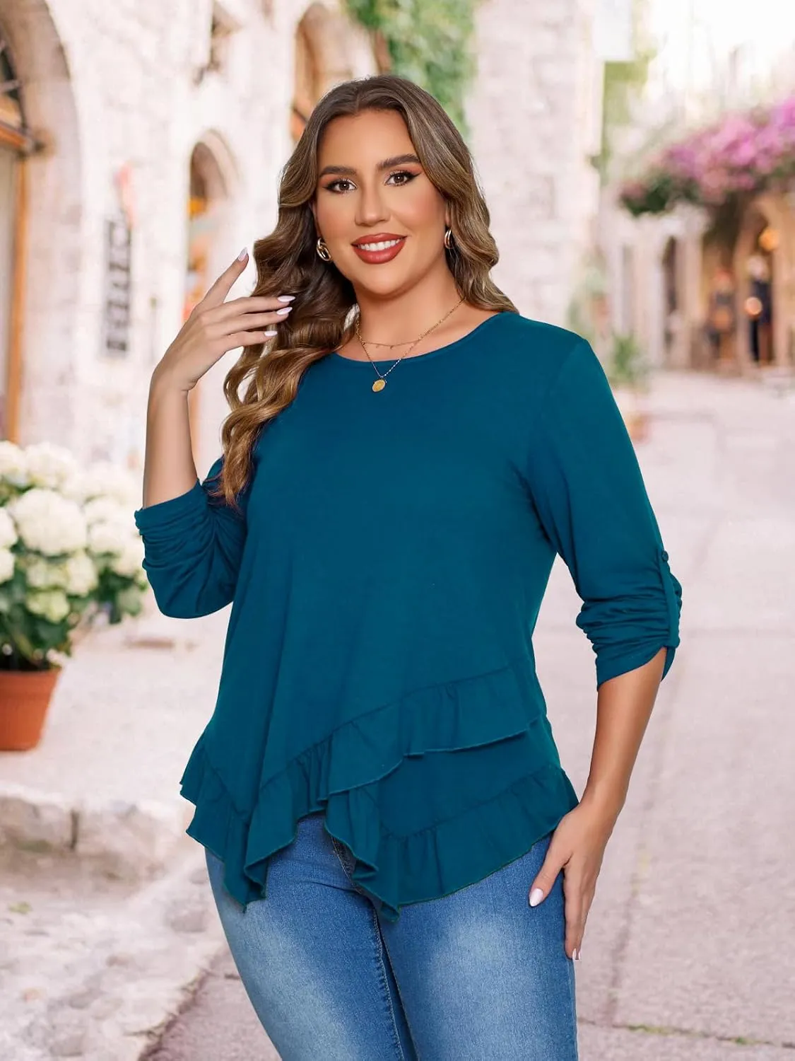 Beauhuty Womens Plus Size Tops Ruffled Hem Tunic Roll Up Sleeves Crew Neck T-Shirts Casual Flowy Dressy Blouses