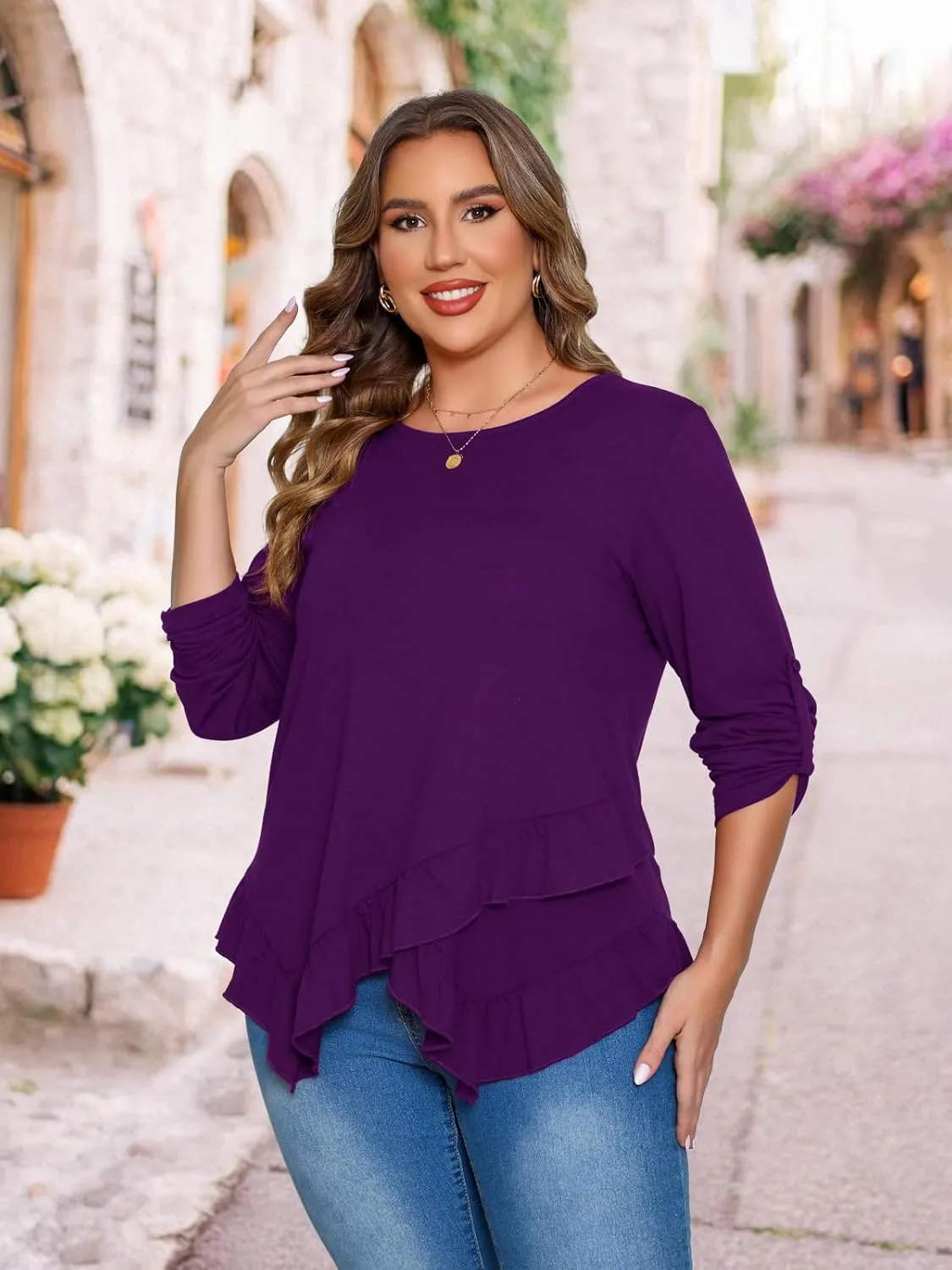 Beauhuty Womens Plus Size Tops Ruffled Hem Tunic Roll Up Sleeves Crew Neck T-Shirts Casual Flowy Dressy Blouses