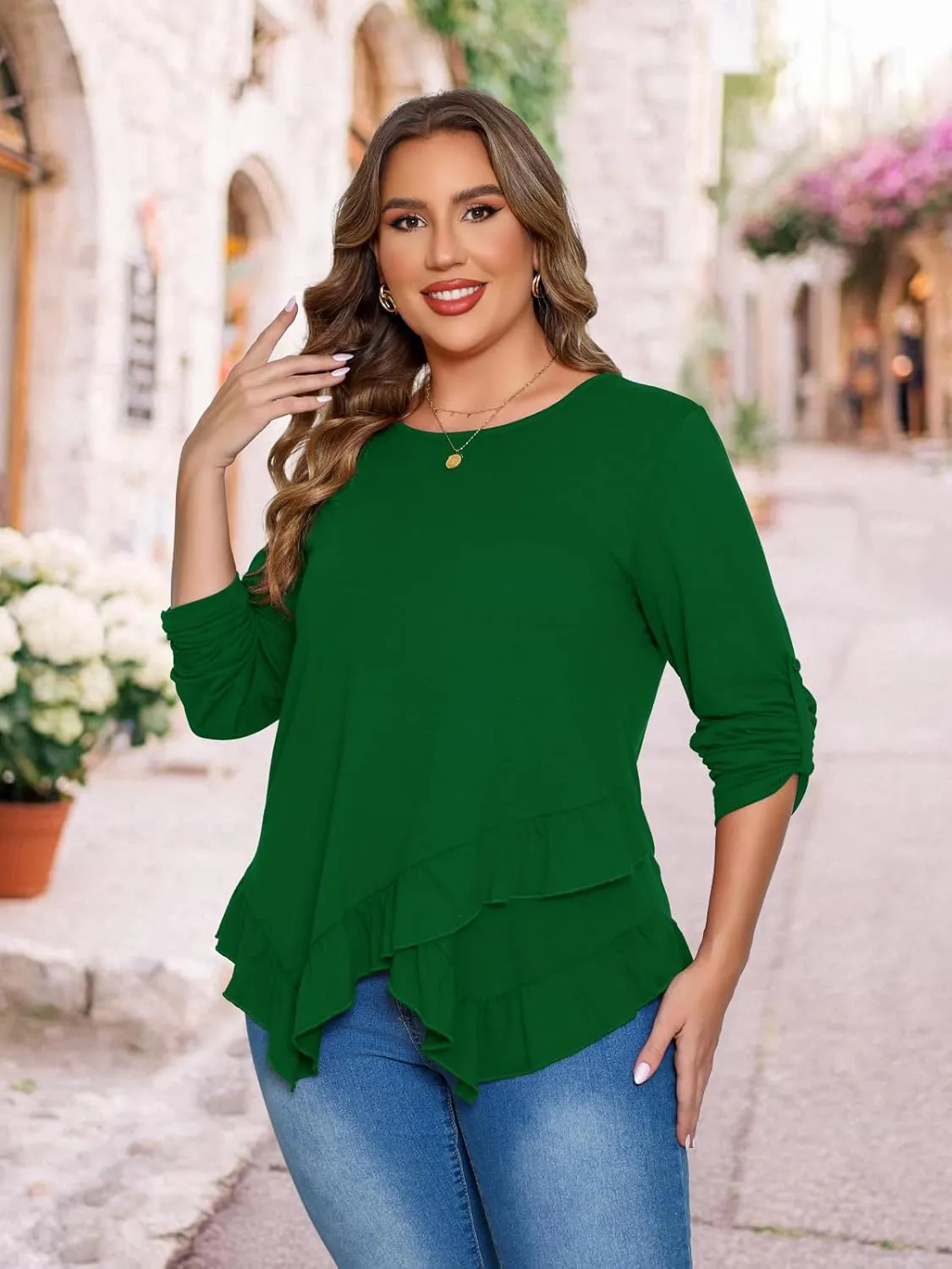 Beauhuty Womens Plus Size Tops Ruffled Hem Tunic Roll Up Sleeves Crew Neck T-Shirts Casual Flowy Dressy Blouses