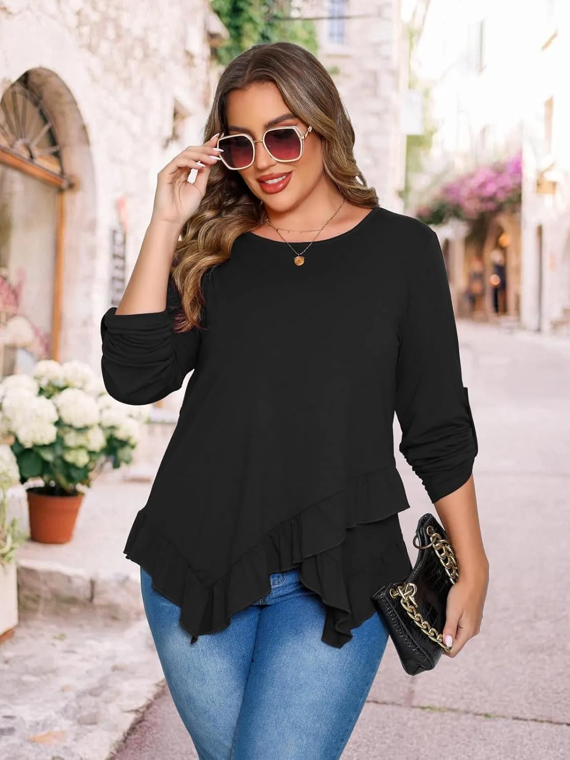 Beauhuty Womens Plus Size Tops Ruffled Hem Tunic Roll Up Sleeves Crew Neck T-Shirts Casual Flowy Dressy Blouses