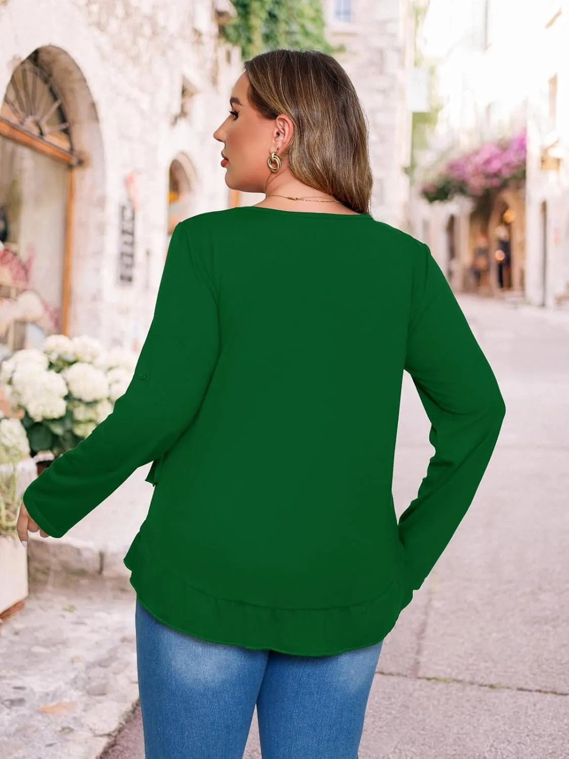 Beauhuty Womens Plus Size Tops Ruffled Hem Tunic Roll Up Sleeves Crew Neck T-Shirts Casual Flowy Dressy Blouses