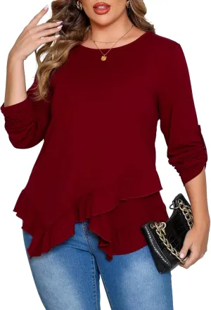 Beauhuty Womens Plus Size Tops Ruffled Hem Tunic Roll Up Sleeves Crew Neck T-Shirts Casual Flowy Dressy Blouses
