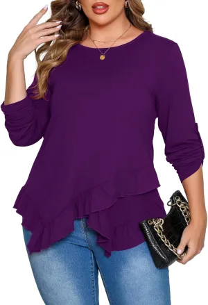 Beauhuty Womens Plus Size Tops Ruffled Hem Tunic Roll Up Sleeves Crew Neck T-Shirts Casual Flowy Dressy Blouses