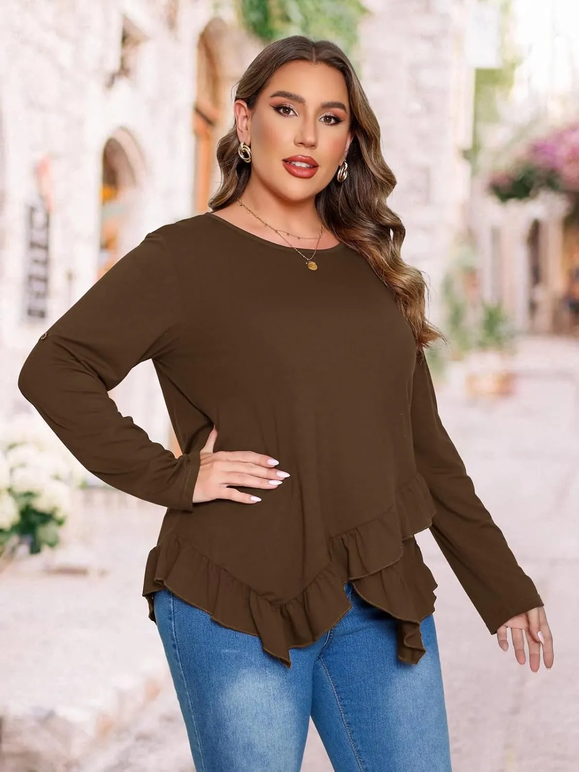 Beauhuty Womens Plus Size Tops Ruffled Hem Tunic Roll Up Sleeves Crew Neck T-Shirts Casual Flowy Dressy Blouses