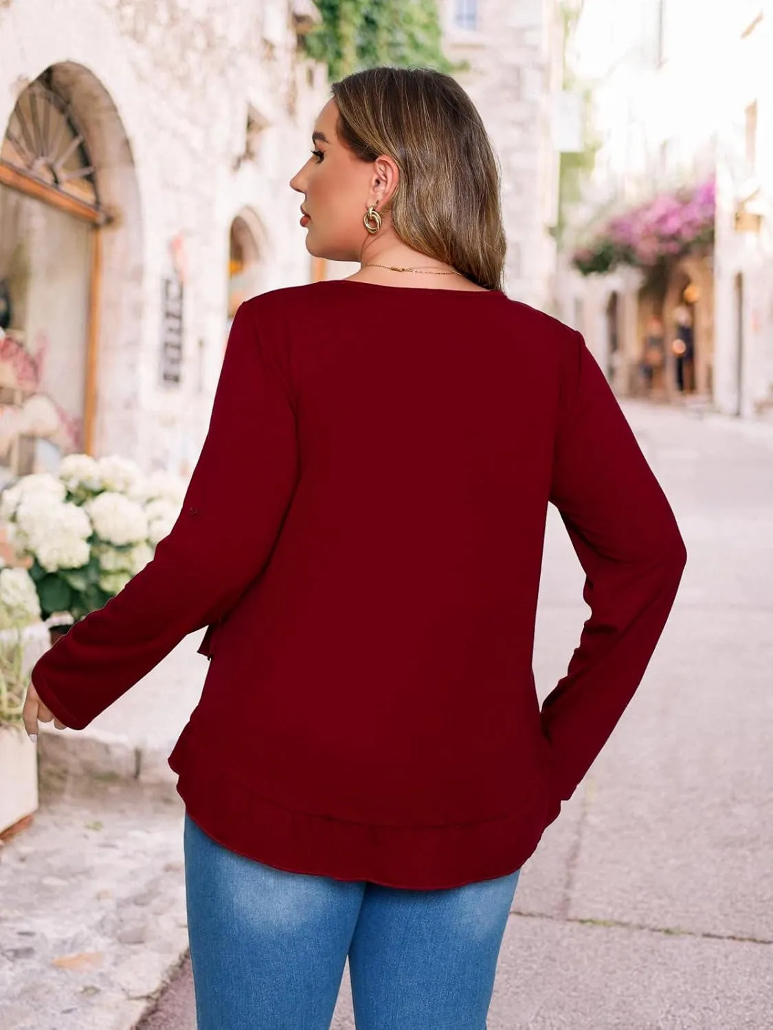 Beauhuty Womens Plus Size Tops Ruffled Hem Tunic Roll Up Sleeves Crew Neck T-Shirts Casual Flowy Dressy Blouses