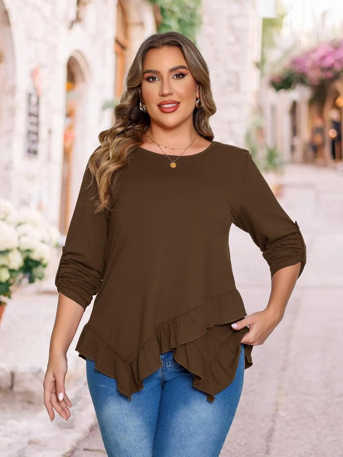Beauhuty Womens Plus Size Tops Ruffled Hem Tunic Roll Up Sleeves Crew Neck T-Shirts Casual Flowy Dressy Blouses