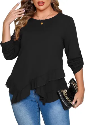Beauhuty Womens Plus Size Tops Ruffled Hem Tunic Roll Up Sleeves Crew Neck T-Shirts Casual Flowy Dressy Blouses