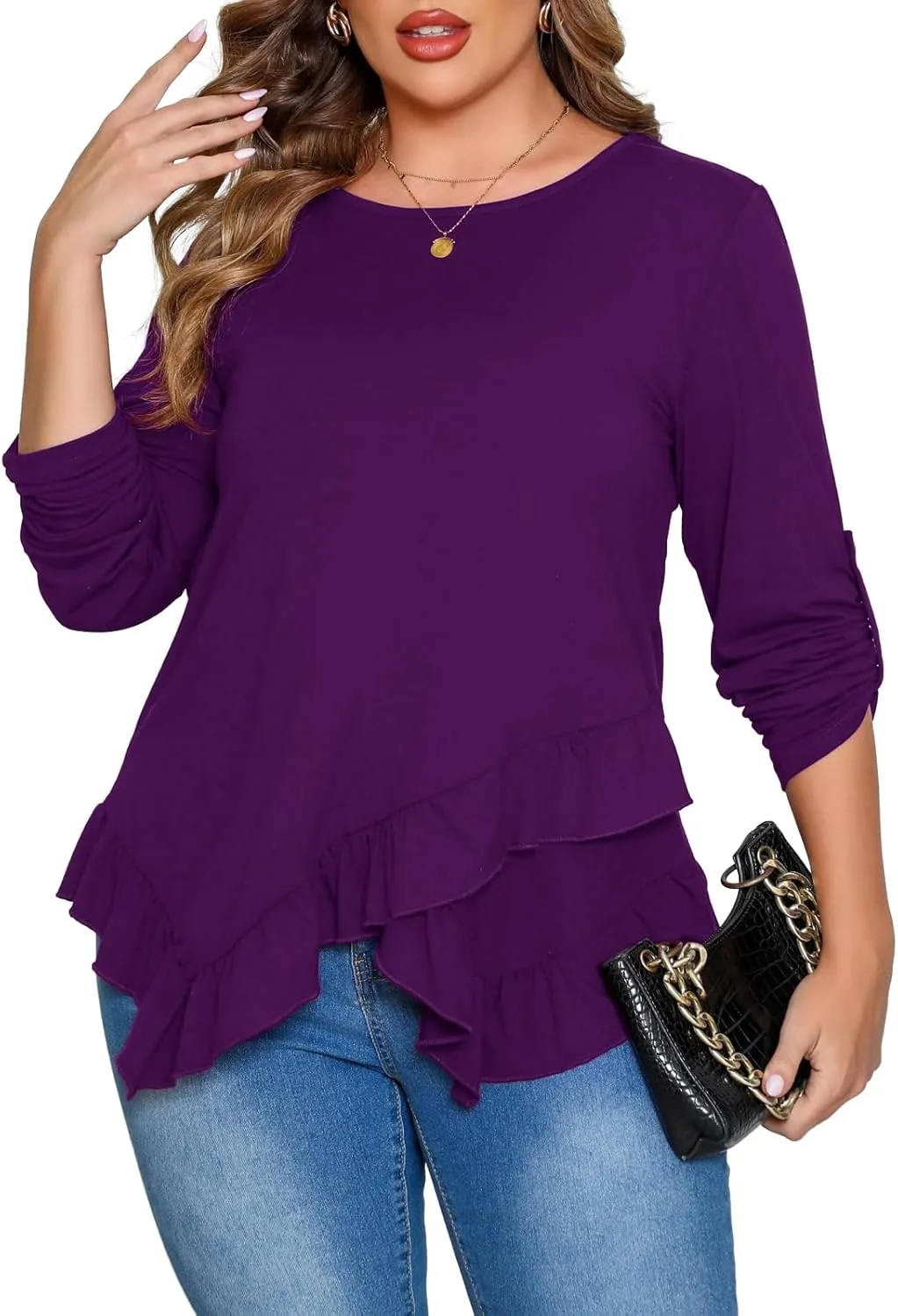 Beauhuty Womens Plus Size Tops Ruffled Hem Tunic Roll Up Sleeves Crew Neck T-Shirts Casual Flowy Dressy Blouses