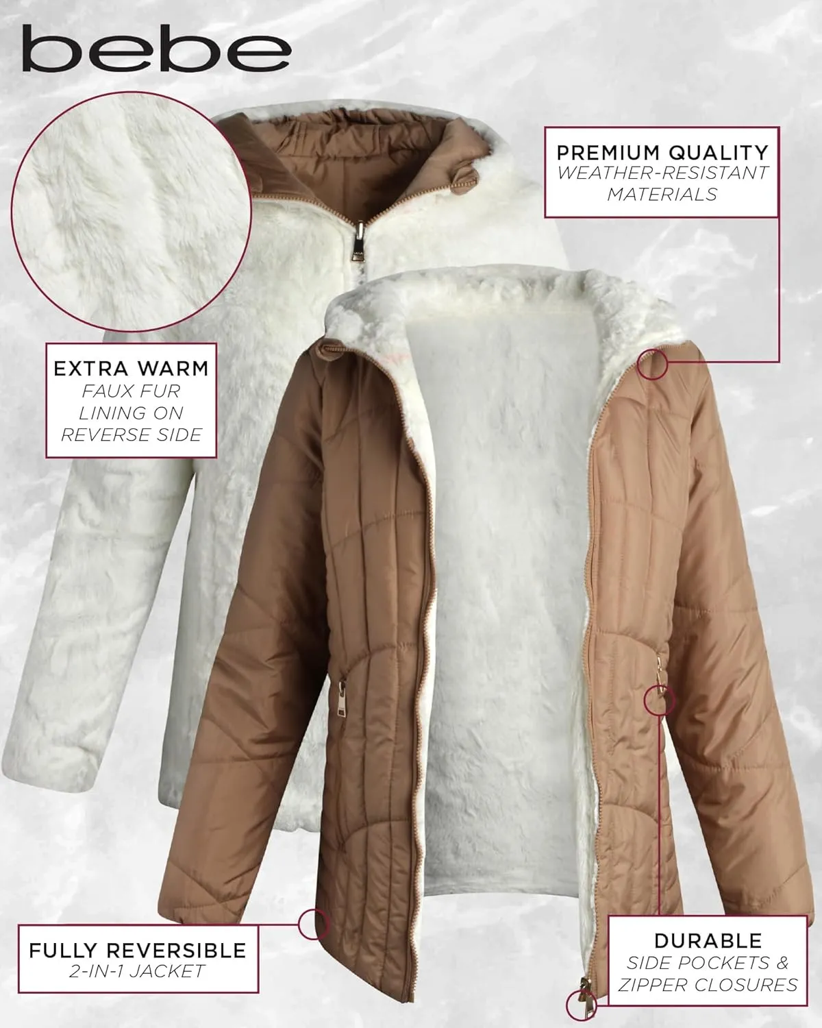 bebe Women's Puffer Jacket - Cozy Full Zip Up Hooded Reversible Puffer Jacket for Women - Casual Quilted Winter Jackets S-XL