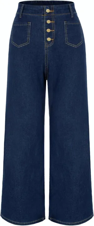 Belle Poque Women's Wide Leg Jeans High Waisted Stretchy Straight Leg Button Fly Denim Pants Trousers with Pockets