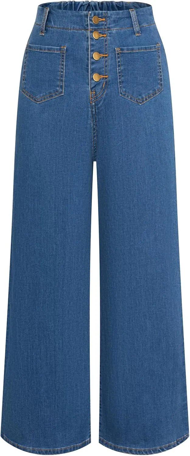 Belle Poque Women's Wide Leg Jeans High Waisted Stretchy Straight Leg Button Fly Denim Pants Trousers with Pockets