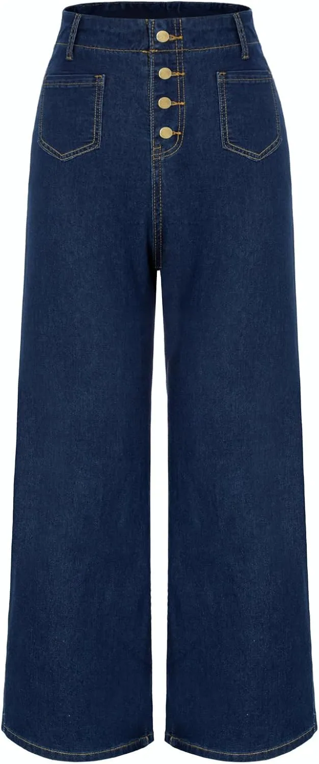 Belle Poque Women's Wide Leg Jeans High Waisted Stretchy Straight Leg Button Fly Denim Pants Trousers with Pockets