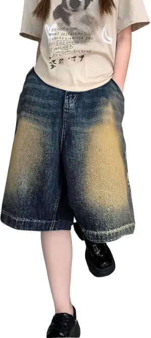 Bermuda Jean Shorts for Women A Line High Waisted Trendy Wide Leg Denim Shorts Knee Length Loose Fit Mid Thigh Pants