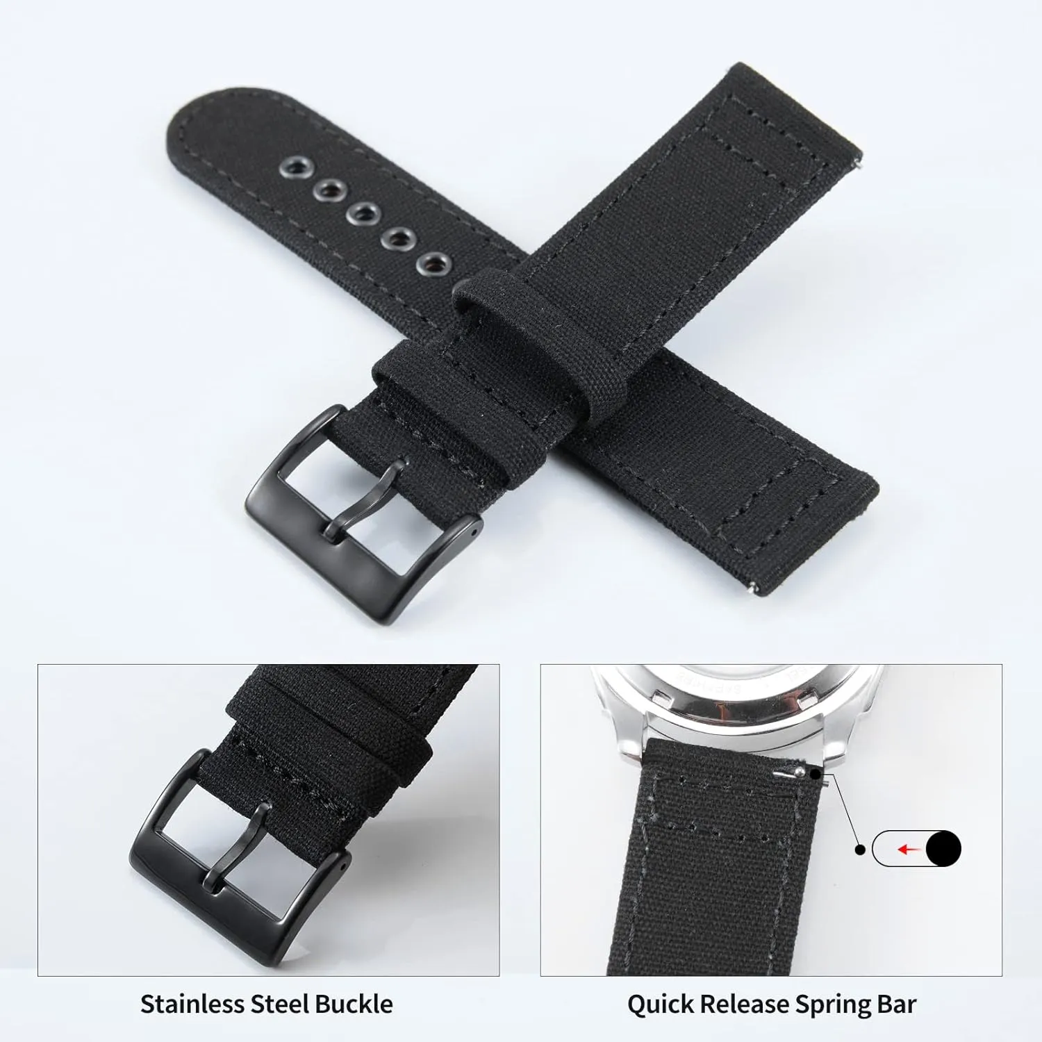 BINLUN Canvas Watch Bands Quick Release Sail Cloth Watch Straps Replacement 18mm 20mm 22mm 24mm Cotton Fabric Watchband for Men and Women with Silver/Black Buckle