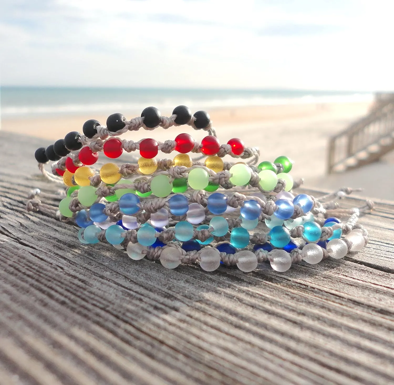 Birth Month Sea Glass Bracelet-Birthstone Jewelry for Women-Sea Glass Woven Beach Bracelet-Birth Stone Bracelet (White-April)