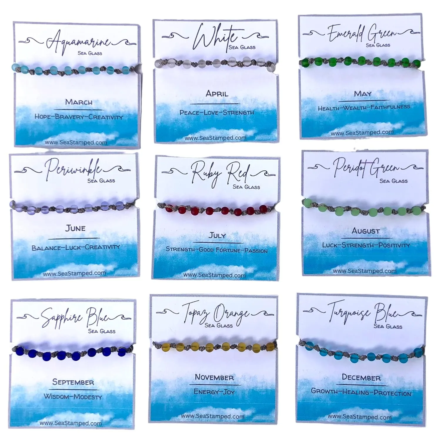 Birth Month Sea Glass Bracelet-Birthstone Jewelry for Women-Sea Glass Woven Beach Bracelet-Birth Stone Bracelet (White-April)