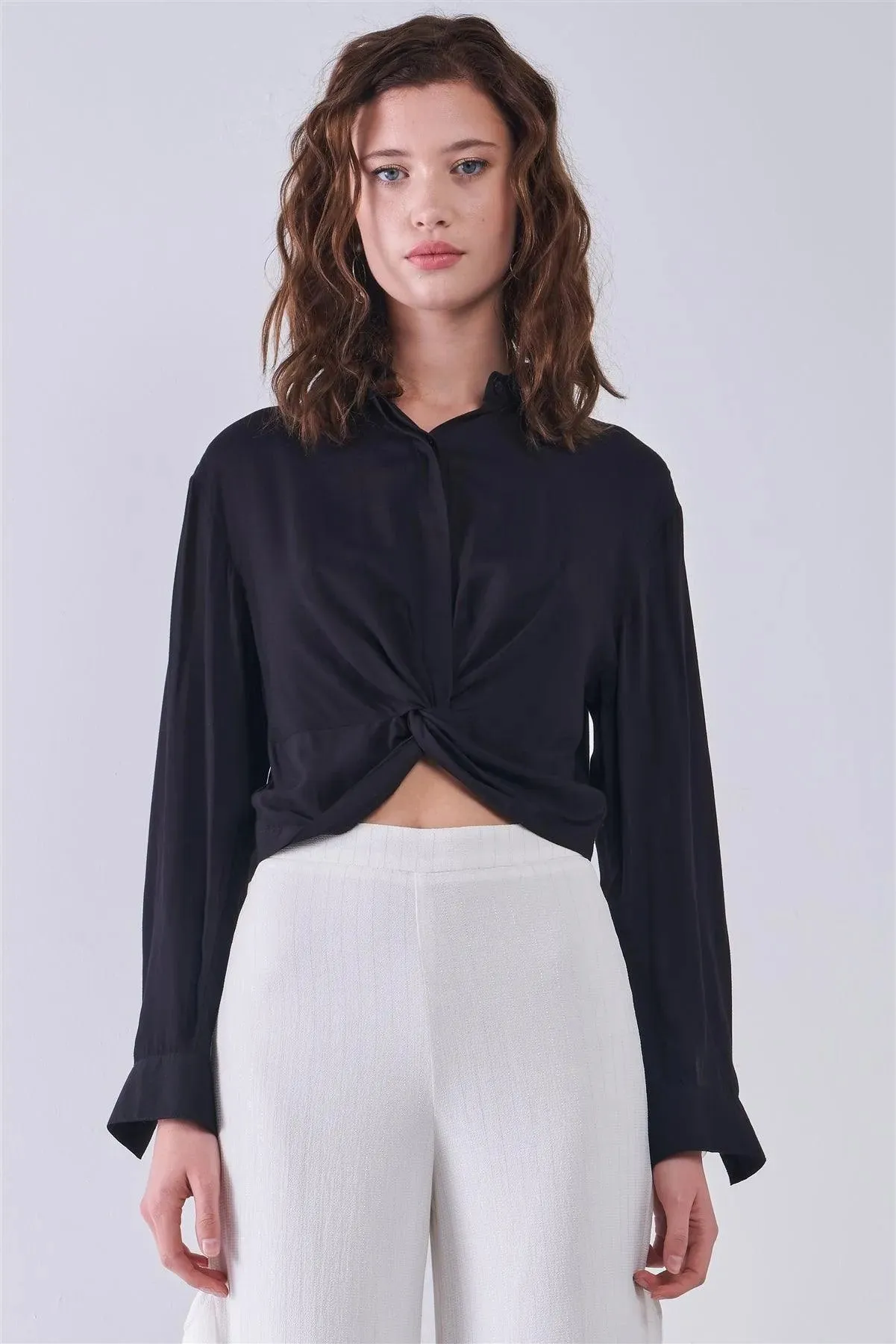 Black Long Sleeve Front Button Down Twist Detail Elasticated Back Shirt /3-2-1