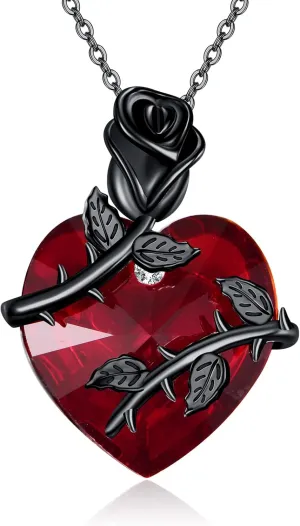 Black Rose Necklace 925 Sterling Silver Red Heart Pendant Gothic Jewelry for Women
