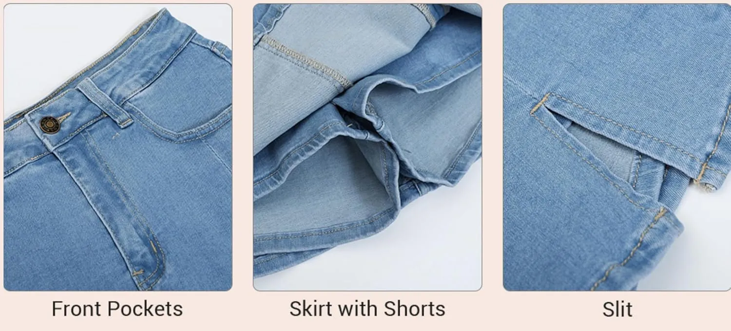 Bloomy Skorts, Bloomy Jean Skorts, High Waisted Casual Stretchy Denim Skirt Side Split Mini Skirts with Pocket