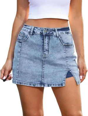 Bloomy Skorts, Bloomy Jean Skorts, High Waisted Casual Stretchy Denim Skirt Side Split Mini Skirts with Pocket