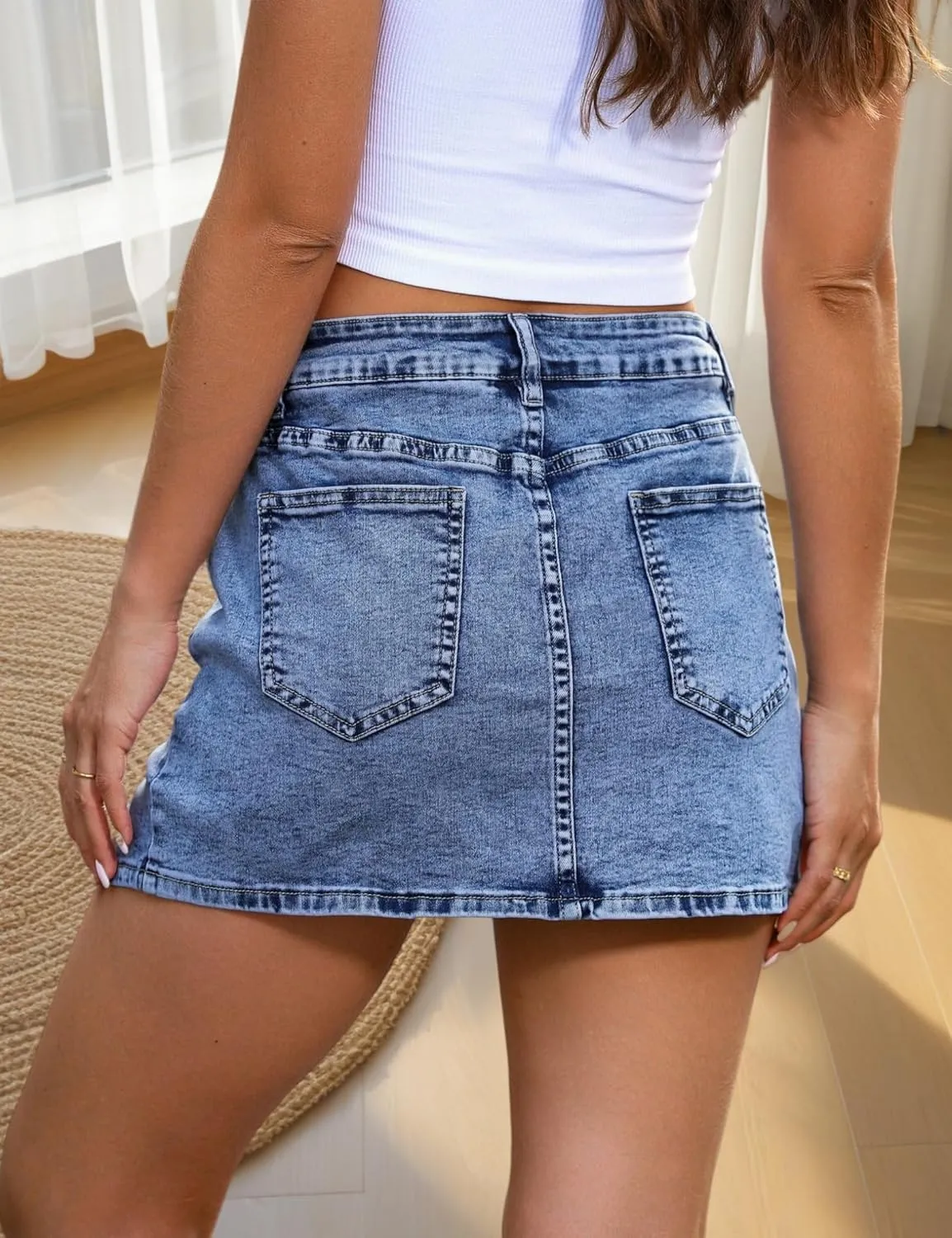 Bloomy Skorts, Bloomy Jean Skorts, High Waisted Casual Stretchy Denim Skirt Side Split Mini Skirts with Pocket